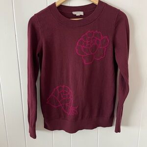 LOFT Floral Crew Neck Sweater - Burgundy and Pink
